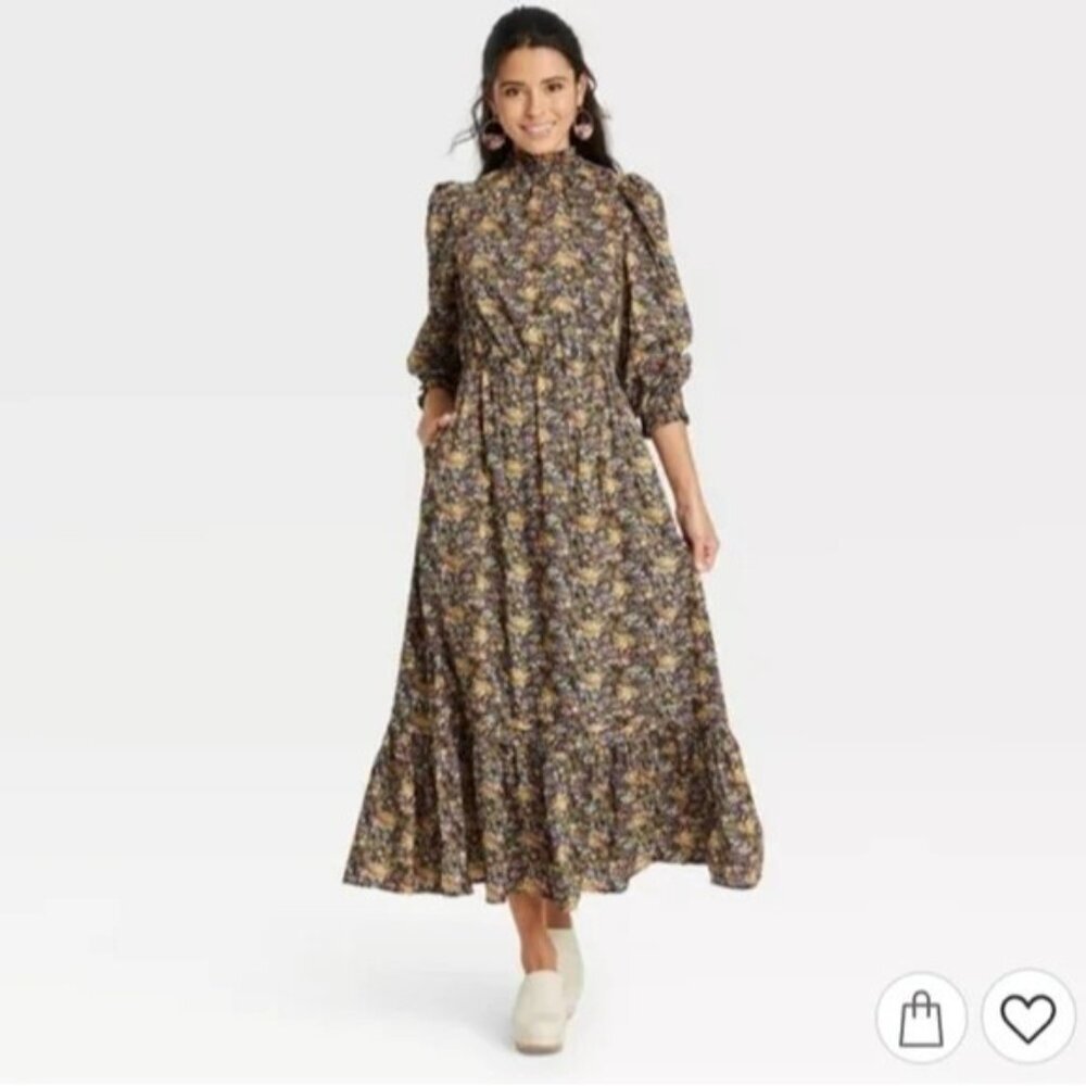 Universal Thread Black Floral Balloon Sleeve Dress Cottagecore - Picture 3 of 4